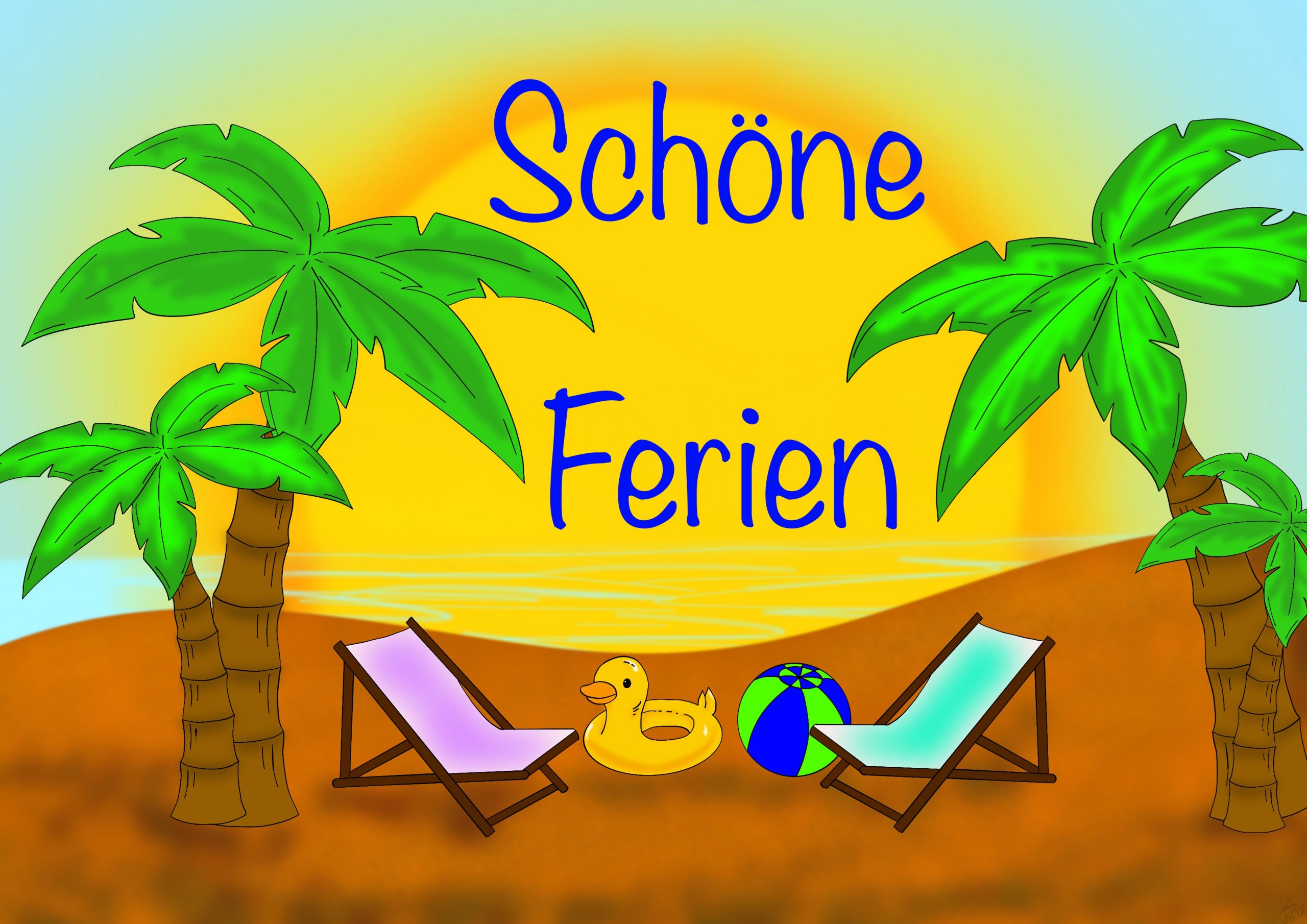 Ein gemaltes Bild das einen Strand mit Palmen, Liegestühlen, einem Enten-Schwimmreif und einem Wasserball zeigt