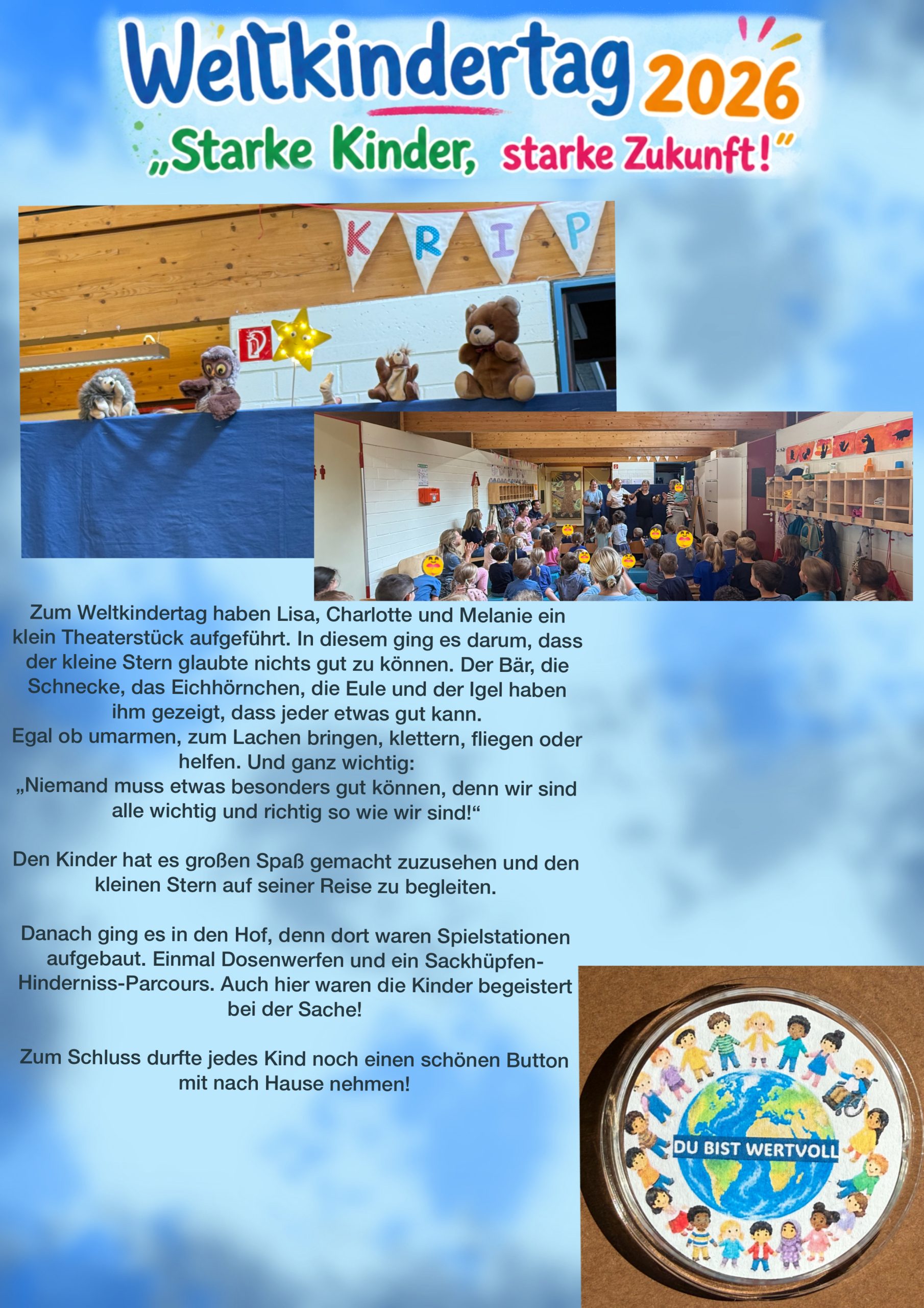 Ein Plakat vom Weltkindertag am 17.09.2026 mit Bildern vom Puppentheater welches von den Erzieherinnen aufgeführt wurde und einem kurzen Text mit Erklärung zum Weltkindertag in unserer Einrichtung
